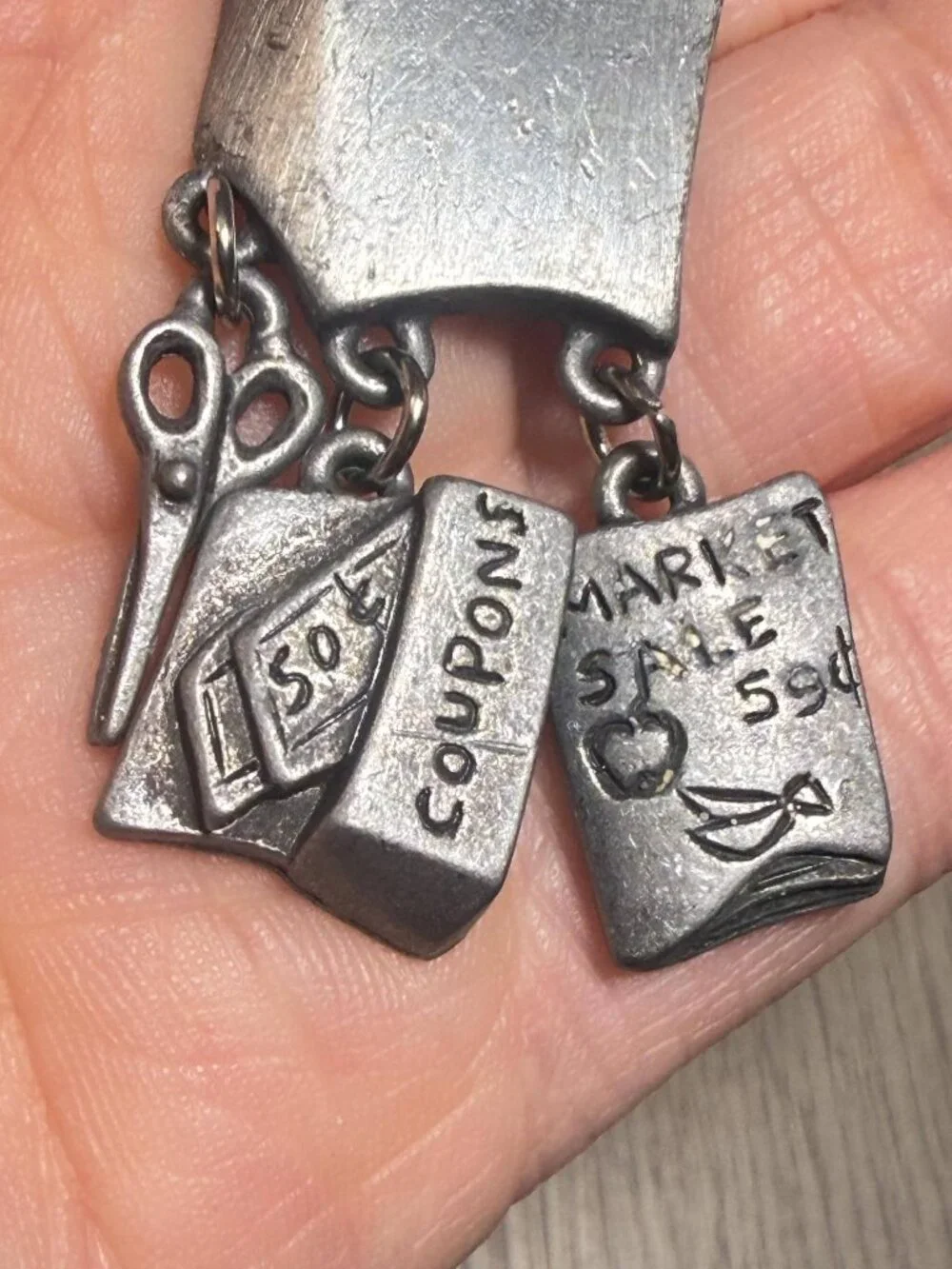 Vintage Grocery Bag Brooch Coupon Charm Dangle Silver Tone Pin 2.6